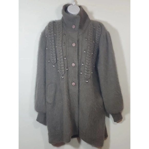 Connie A. Lee Angora Button Down Sweater Coat Jacket Gray Lavender Beading M/L - Picture 1 of 12